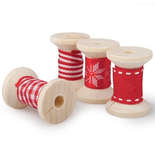 Set of 36 wooden spools with red ribbon