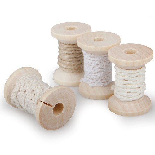 Set of 16 wooden spools with ribbon