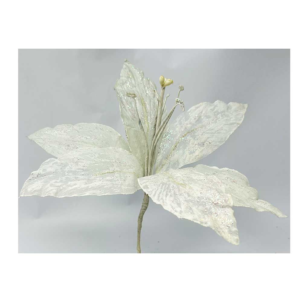 Large glittered white poinsettia pick
