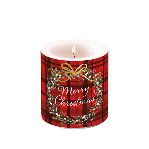 Decorated Candle  CHRISTMAS PLAID RED