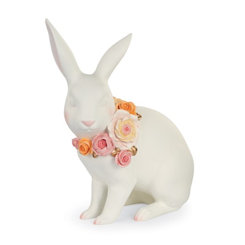 White rabbit with rosy flowers necklace