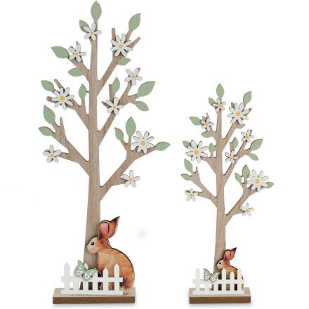 Set of 2 wooden trees with rabbits and fence