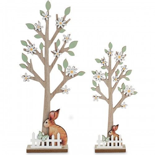 Set of 2 wooden trees with rabbits and fence