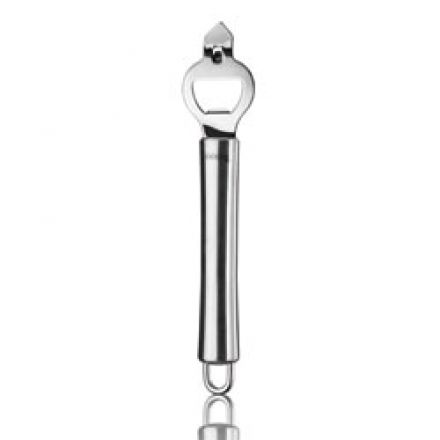 Bottle opener in stainless steel with can opener.