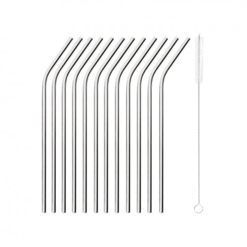 Set 12 bent stainless steel straws 21x0.5 cm with brush