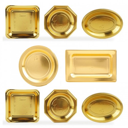 Set 100 single-portion saucers in gold plastic